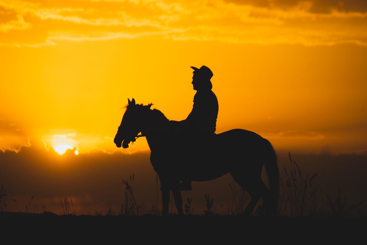 A stunning silhouette of a cowboy riding a horse against a vibrant sunset in Kayseri, Türkiye.